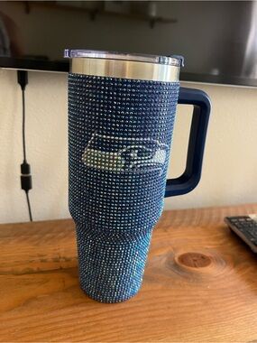 Seattle Seahawks Sparkling Navy Rhinestone Travel Mug with Handle
